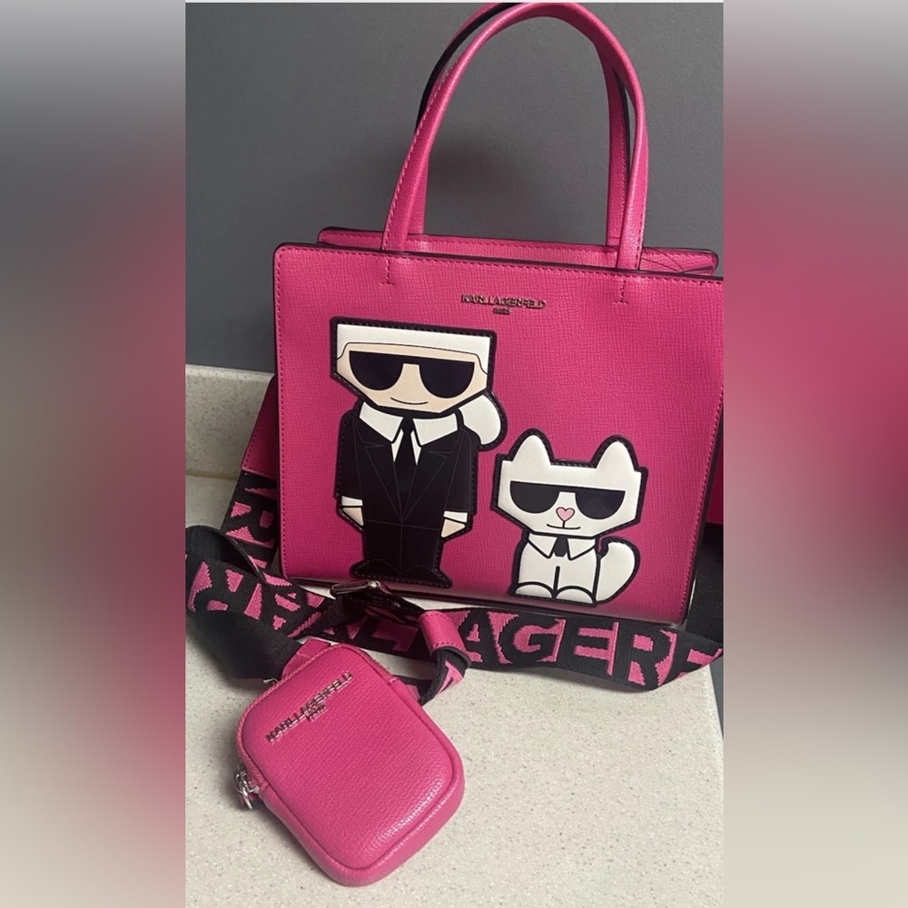KARL LAGERFELD PARIS Maybelle and Cat Crossbody Double Handle Hot Pink Purse New